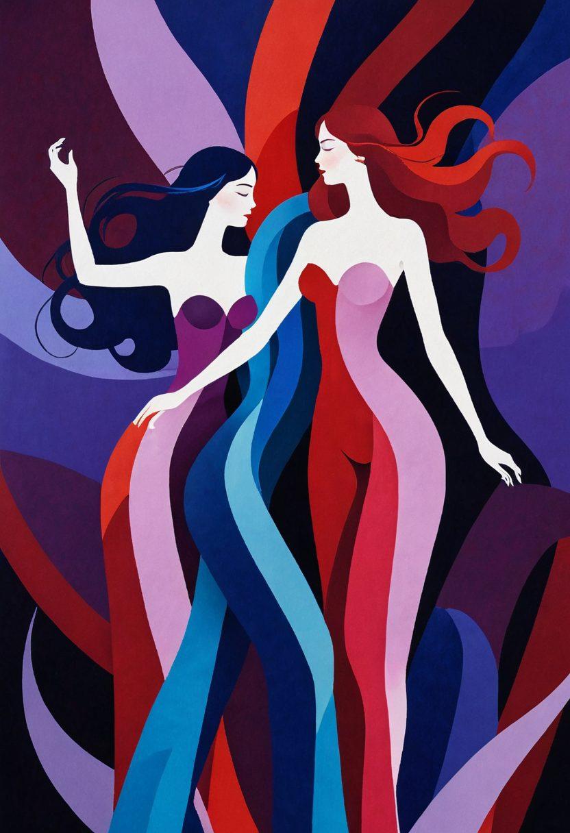 A whimsical blend of erotic art featuring abstract illustrations of romantic figures intertwined, set against a dreamy, colorful backdrop. Incorporate elements of adult animation styles, such as exaggerated expressions and fluid forms. Use deep, inviting hues to evoke passion and intrigue, while hinting at storytelling through symbolic motifs like books and film reels. The atmosphere should be both playful and sensual, encouraging exploration of emotions. vibrant colors. surrealism. 3D.