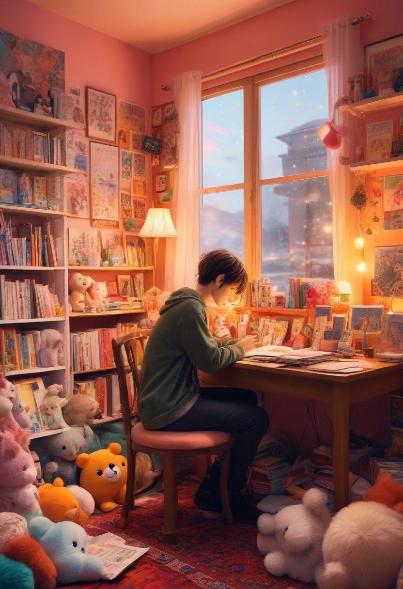 A thoughtful INFP character sitting in a cozy, whimsical room filled with manga and art supplies, gazing thoughtfully at a colorful hentai manga spread open on a table. Soft, warm lighting reflects the character's introspective nature, while subtle hints of fantasy elements like oversized plush toys and magical decorations create an imaginative atmosphere. The room is decorated with posters of various manga styles, blending innocence with adult themes. super-realistic. vibrant colors. warm lighting.